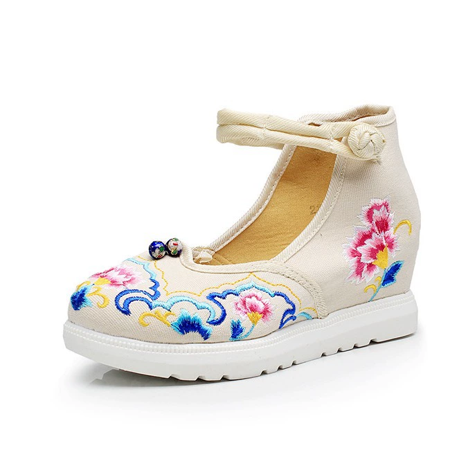 Клоизонная двойная шар floral вышивка Мэри Джейн туфли наankle strap - красный/синий/черный/бежевый