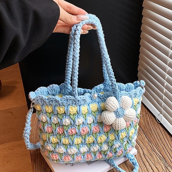 Finished Tulip Hand-Woven Bag, Sweet Handmade Crochet Women's Bag, Summer High-Appearance-Value Color-Blocking Shoulder Crossbody Bag Finished Tulip Hand-Woven Bag, Sweet Handmade Crochet Women's Bag, Summer High-Appearance-Value Color-Blocking Shoulder Crossbody Bag