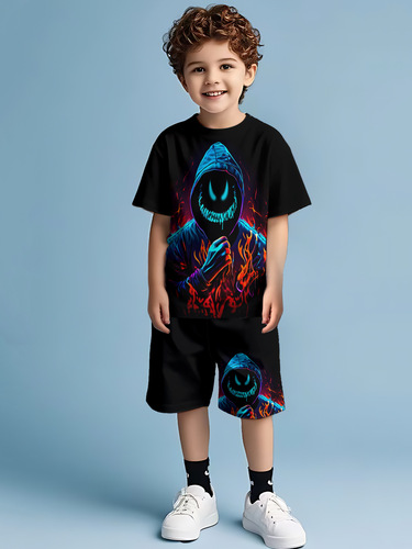 Amazon Cross-border Best-selling Trend 3D Digital Anime Cartoon T-shirt Boys Casual Sports Short-sleeve Set
