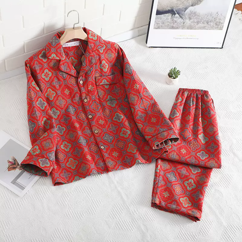 新款全棉女士睡衣春秋季纯棉双层纱提花长袖大码家居服套装可外穿