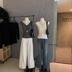WGWE7182#美式复古灰色针织背心女修身显瘦纯欲百搭针织衫