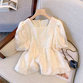 法式泡泡袖雪纺衬衫女夏季设计感小众温柔风甜美短袖娃娃衫小上衣