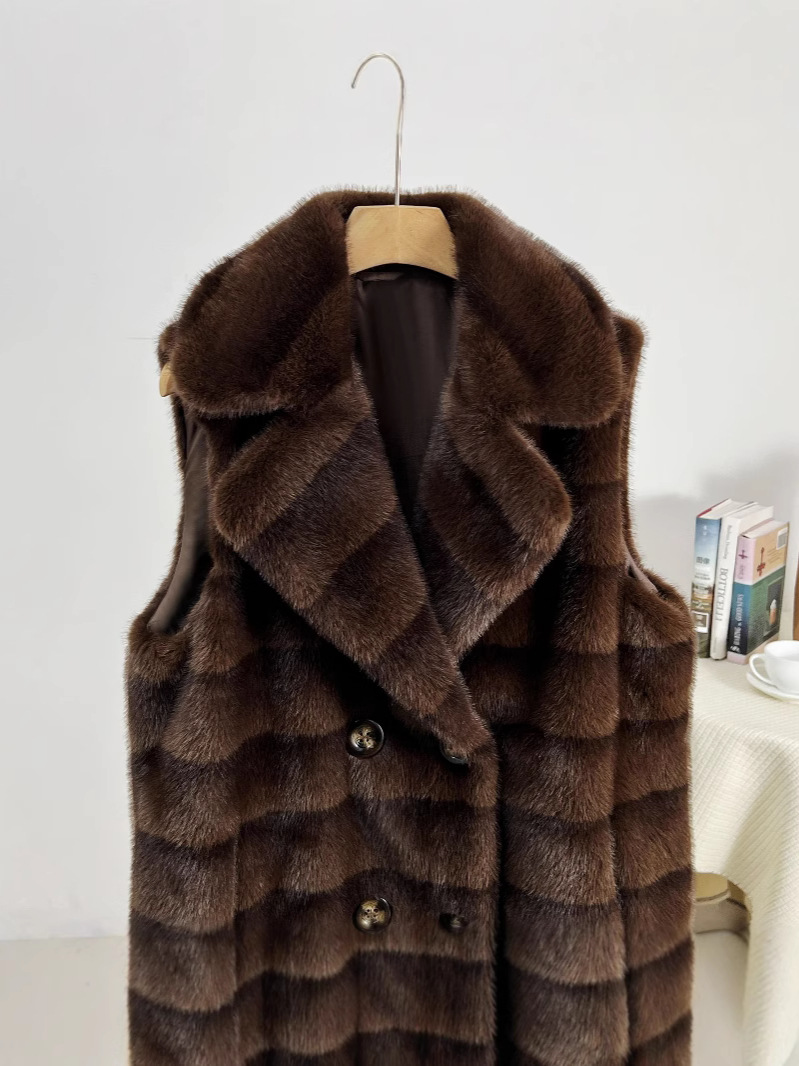 Chaleco de cuello de traje de piel de imitación de otoño e invierno Chaleco superior a rayas de longitud media Chaleco de moda versátil y de moda delgada image 1