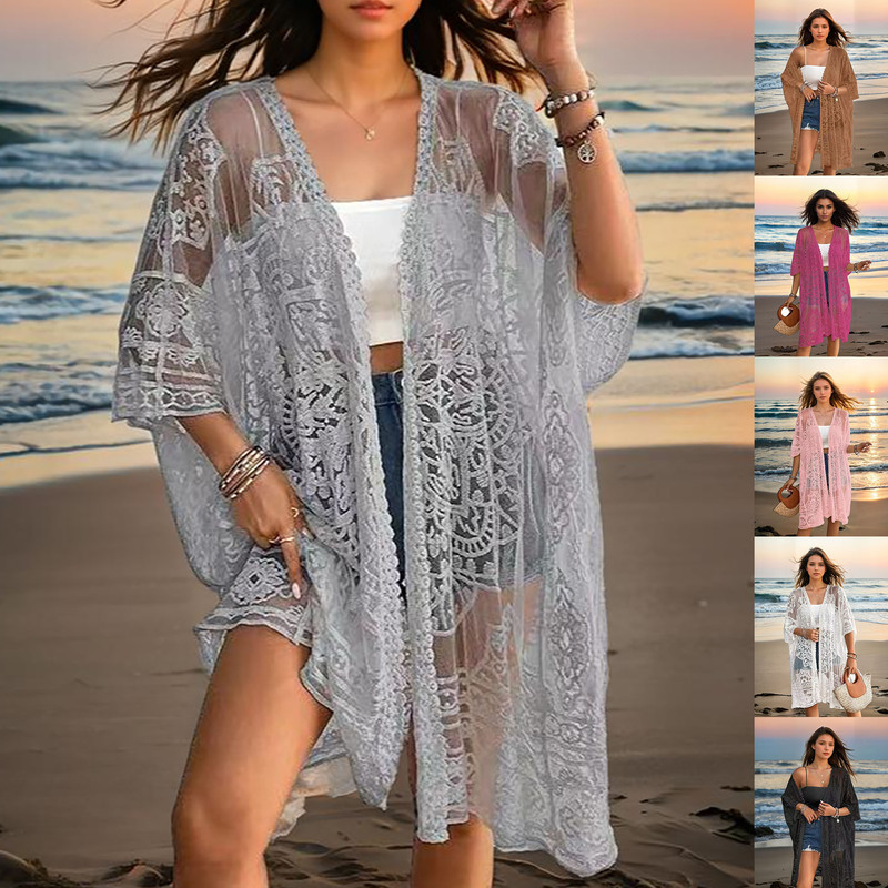 Women's Cross-border European and American Women's Sexy Perspective Water-soluble Lace Embroidered Cardigan Beach Bikini Sunscreen Blouse