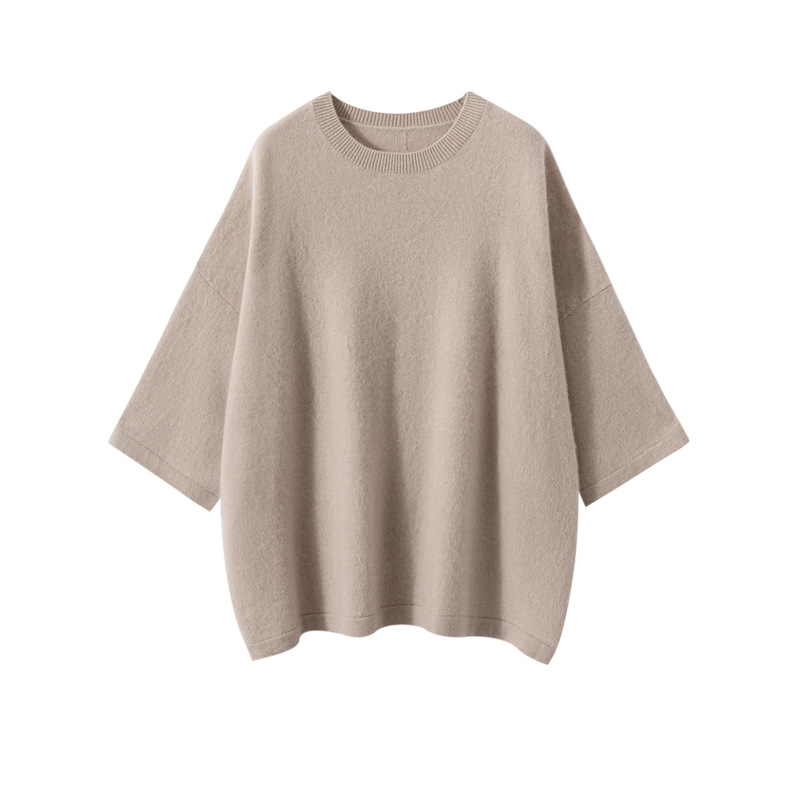 Fashionable Half-High Collar Plain Solid Color Women's Cashmere Half-Sleeve Loose Casual Early Autumn Basic Knit Short Sleeve One-Size-Fits-All