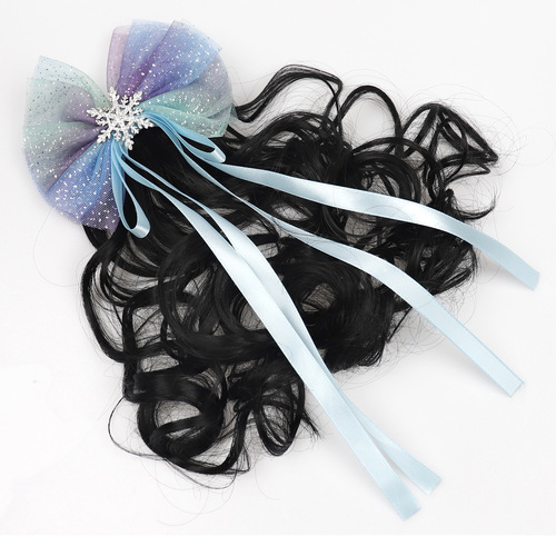 Children's hair accessories bow wig curly ponytail cross-border ribbon chemical fiber wig clip style curly high ponytail