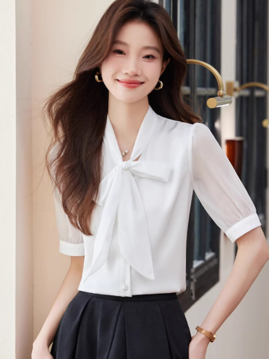 Fashionable professional shiffon white shirt with bow