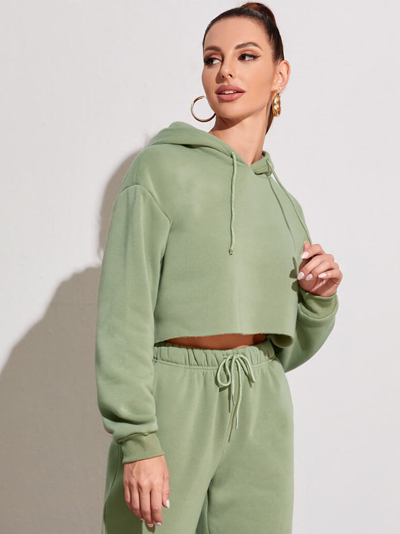 Fleece Solid Color Short Navel-Exposed Hooded