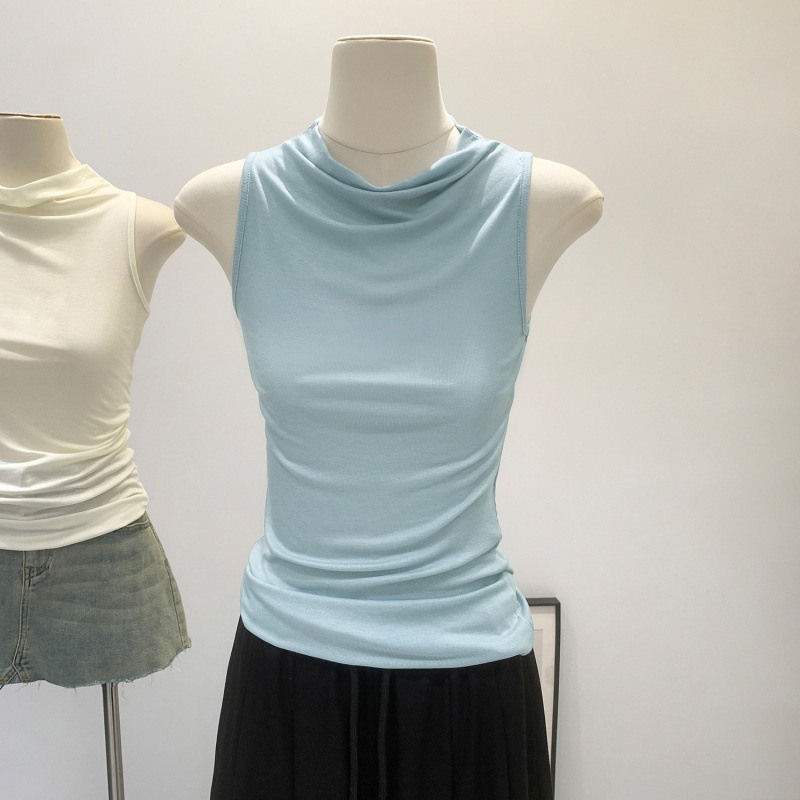 Pure Desire Style Stacked Collar Slim Fit Sleeveless Vest for Women, 2026 Summer Design, Unique and Chic, Elegant and Slimming Blue Top Pure Desire Style Stacked Collar Slim Fit Sleeveless Vest for Women, 2026 Summer Design, Unique and Chic, Elegant and Slimming Blue Top