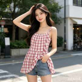 明星同款不规则腰线格纹吊带背心夏季新款红色格子气质上衣女