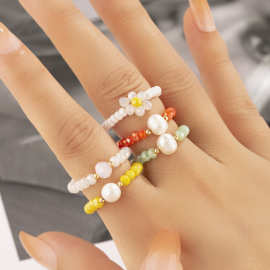 小清新糖果米珠珍珠戒指奶油甜美风珍珠米珠指环可爱雏菊米珠戒指