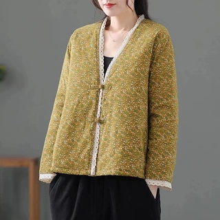 中式碎花v领棉麻棉服女2026年冬款中国风宽松文艺棉衣复古夹棉棉