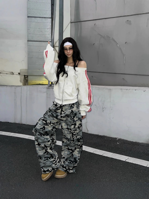 梵思羽美式复古迷彩工装牛仔裤女潮牌宽松百搭拼接阔腿拖地长裤子|undefined