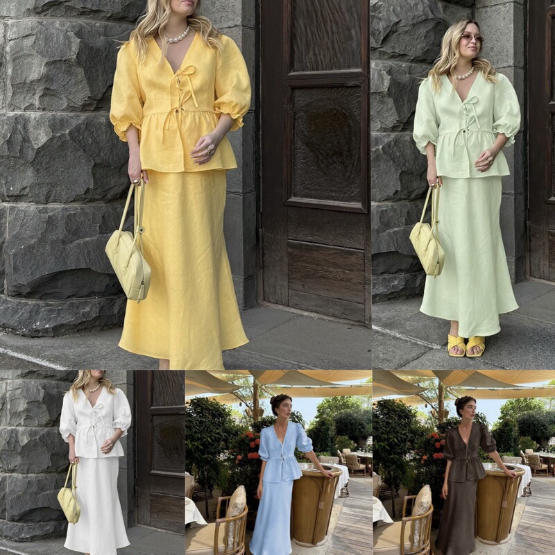 Amazon European and American Cross-Border Foreign Trade 2026 New V-Neck Puff Sleeve Tie-Up Top High-Waisted Long Skirt Set Amazon European and American Cross-Border Foreign Trade 2026 New V-Neck Puff Sleeve Tie-Up Top High-Waisted Long Skirt Set