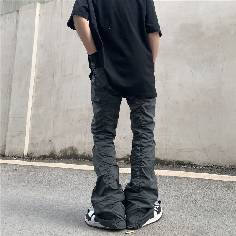 High Street Functional Vibe Style Folded Stacked Micro Horn Long Pants for Men's American Slim Fit Street Instagram Versatile Casual Pants_voghion.com