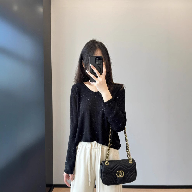 Shiny sequins! Lyocell Tencel Sequins Bat Long-sleeved Top Slim V-neck Sweater 2024 Early Autumn New