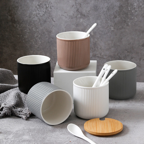 Practical Morandi Color Series Home Ceramic Spice Jar Set, Spice Box, Condiment Container with Spoon and Lid, Bamboo Tray