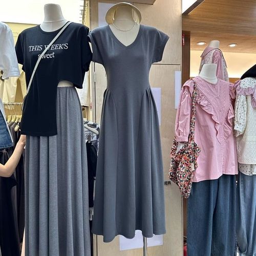 Dress Women Solid Color Simple V-Neck Slimming Elegant Long-Sleeve Slimming Versatile Long Dress Loose Plus Size