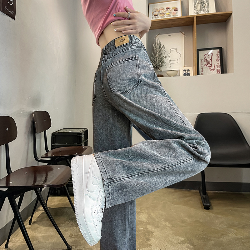 Smoke grey straight jeans for women loose autumn 2023 new velvet thickened small high-waisted wide-leg pants