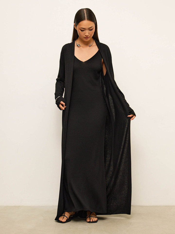 Bộ đầm dài kèm áo cardigan dệt kim dài tay nữ — Màu cà phê đậm, Màu hồng, Màu trắng, Màu xám chi tiết 91
