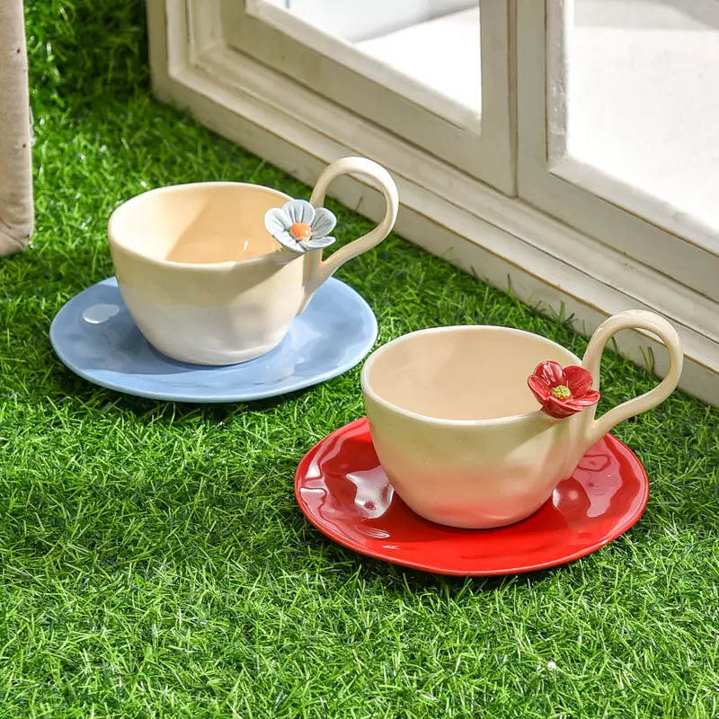 立体手捏花咖啡杯碟套装女手作高级感典雅设计感精致高颜值陶瓷杯