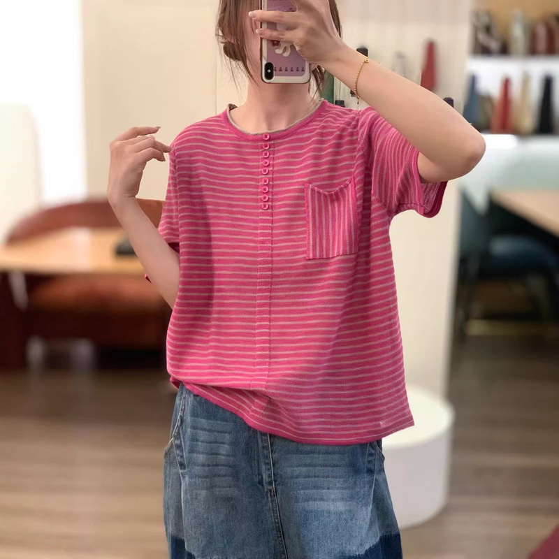 2026 Spring and Summer New Style Cotton and Linen Fashionable Casual Loose Striped Lightweight Pullover Short-Sleeved Knitwear Top for Women