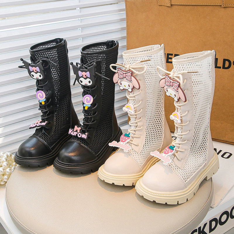 Новые летние сетчатые дышащие ботинки-мартинсы для девочек, модные высокие сапоги на толстой подошве, стиль с тонкой сеткой.