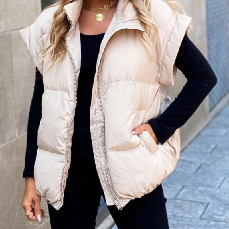 2025 Cross-Border European and American New Women's Solid Color Zip Pocket Cotton Vest Fashion Stand Collar Elegant Commuter Jacket 2025 Cross-Border European and American New Women's Solid Color Zip Pocket Cotton Vest Fashion Stand Collar Elegant Commuter Jacket