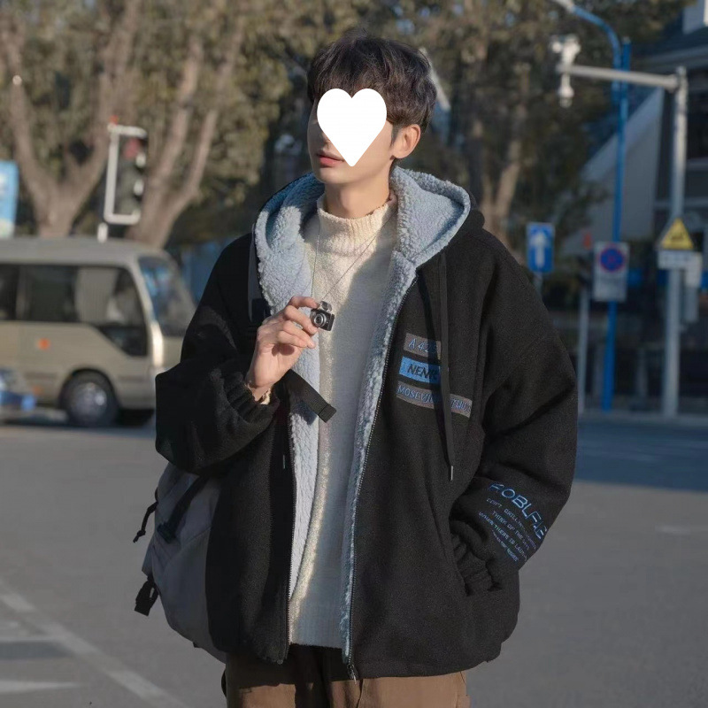 양모 후드 코튼 코트 재킷 남자 겨울 기모 두꺼운 홍콩 스타일 레트로 트렌디 한 느슨한 청소년 코튼 코트