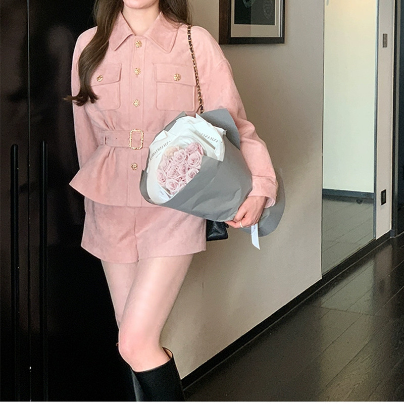 法式复古小香风麂皮外套套装女短款收腰翻领夹克短裤秋冬2025新品|undefined