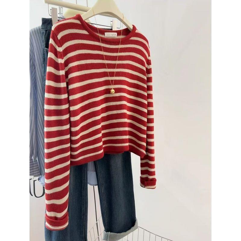 European-style chic red striped long-sleeve knit sweater for women, 2026 autumn and winter new round-neck pullover top European-style chic red striped long-sleeve knit sweater for women, 2026 autumn and winter new round-neck pullover top