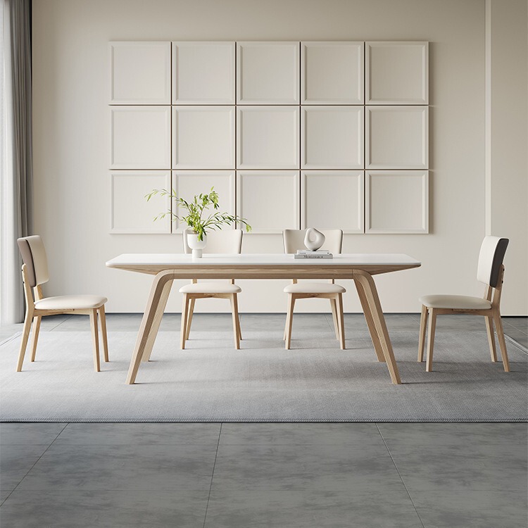 Light Luxury Rock Plate Dining Table and Chair Log Color Cream Style Pure White Matte Rock Plate Rectangular Ash Solid Wood Dining Table and Chair
