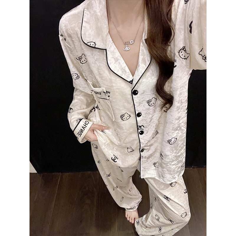 Kt Cat Gold Velvet Pajamas Women's Spring & Fall Long-Sleeved Cute Cartoon Students Warm Winter Cardigan Home Wear Set Kt Cat Gold Velvet Pajamas Women's Spring & Fall Long-Sleeved Cute Cartoon Students Warm Winter Cardigan Home Wear Set