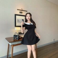 润取取 洋气设计小个子高级感漂亮清新甜美短款短袖短裙纯色连衣