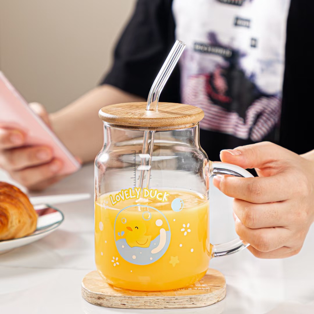 Creativo lindo de dibujos animados amarillo pato paja taza de leche de vidrio personalizado lindo jugo taza café hogar taza de agua