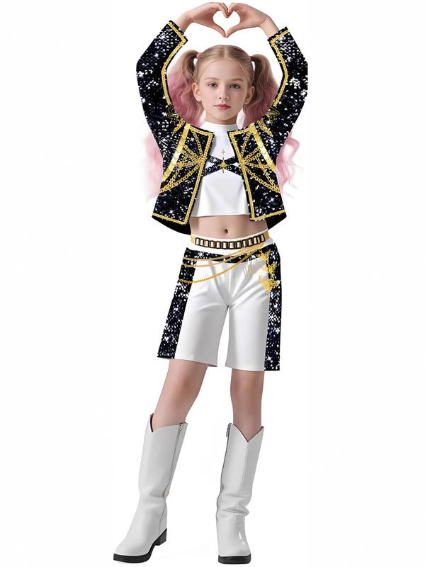 2025亚马逊新款女孩恶魔猎人服流行歌手童装儿童套装黑金猎魔女团|undefined