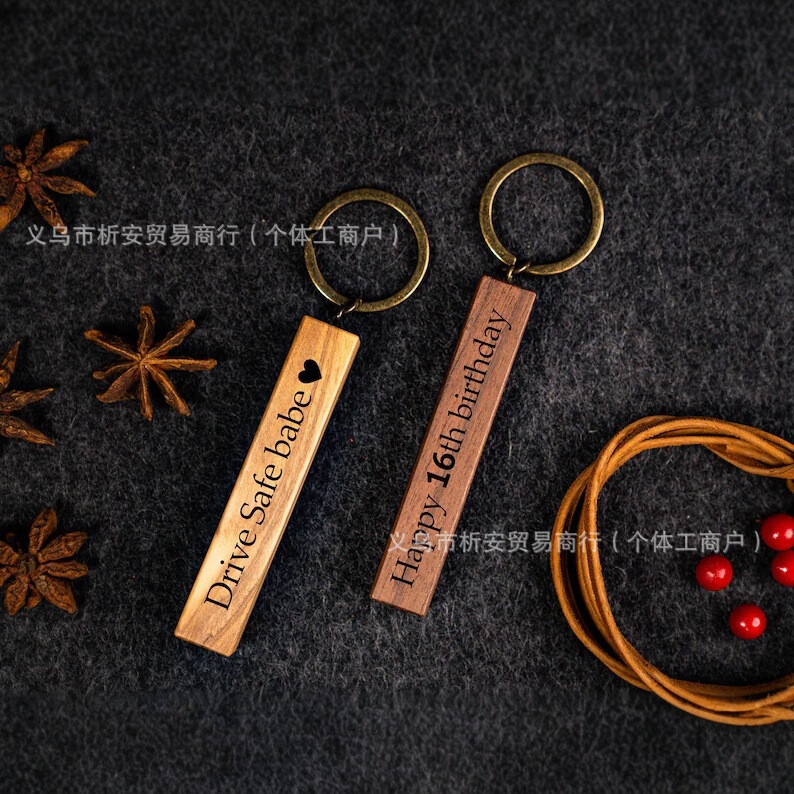 Ins Personalized Carving Name Simple Creative Long Key Chain Portable Key Chain Wooden Key Chain