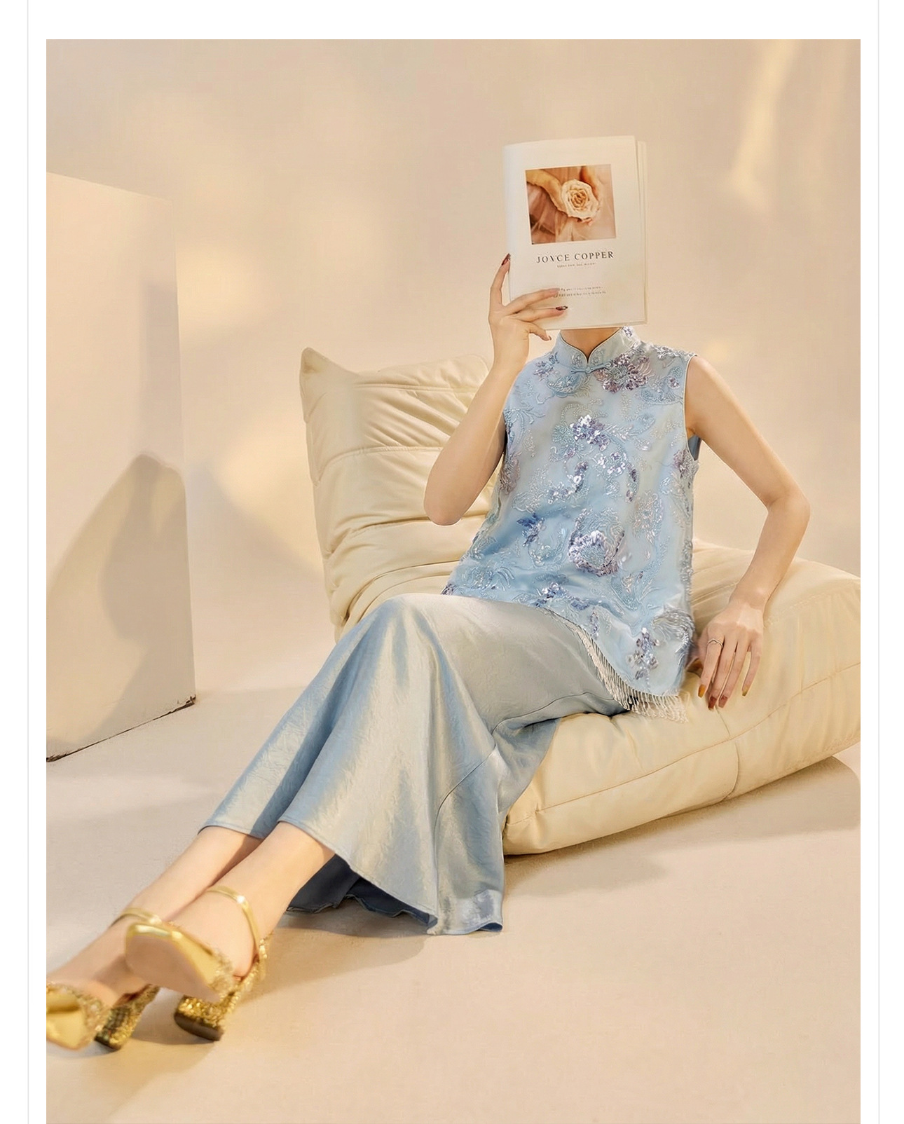Áo gile nữ thêu sequin tua rua phong cách tân cổ điển xuân hè — xanh lam, màu mơ chi tiết 11