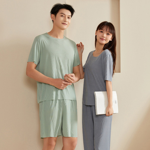 Men's Sleepwear Ice Silk Women's Style Summer Short Sleeve Long Pants Thin Couple Air Conditioning Clothes Youth Casual Home Set
