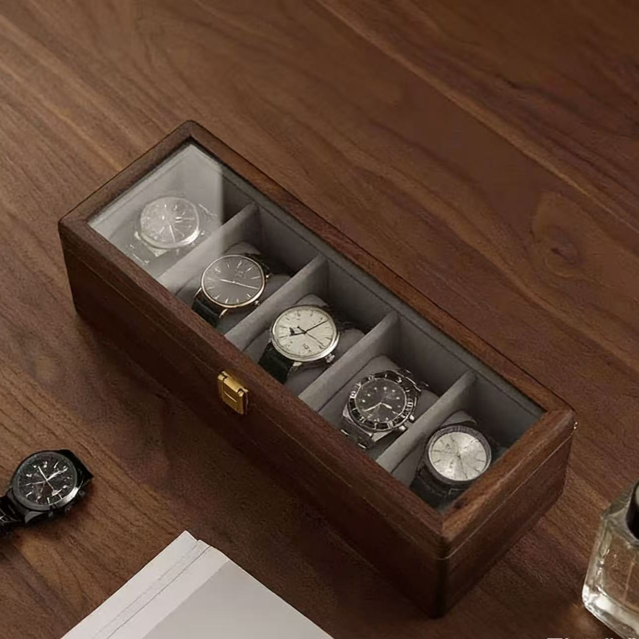 Cross-Border North American Black Walnut Color Solid Wood Watch Storage Box, Home Jewelry Box, High-End Watch Display Box