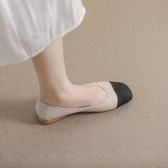 Square-toe Single-layer Shoes Women's Flat 2023 New Spring and Autumn Chanel Style Color Matching Pedal Shallow Mouth All-match Soft-soled Pea Shoes