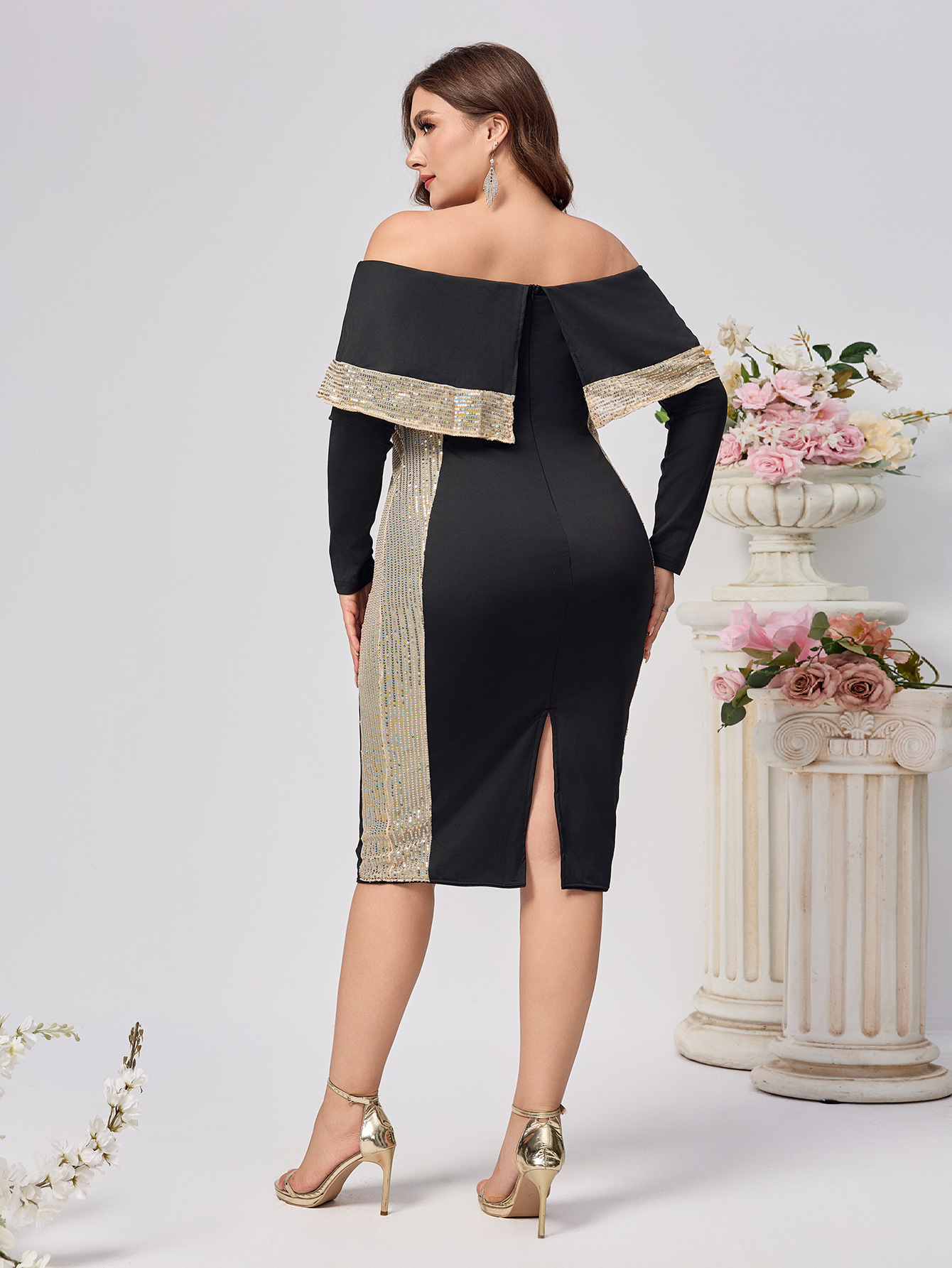 Ropa de mujer de talla grande nueva moda temperamento elegante sin tirantes lentejuelas de manga larga bolso delgado cadera elegante vestido de mujer