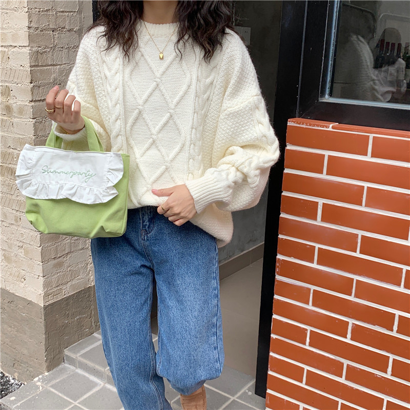 1441 Japanese and Korean chic Sweet ruffled bento Bag, Fresh embroidered hand-held small cloth bag, girl student bag wholesale undefined