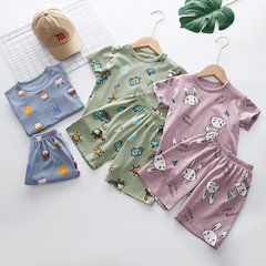 Summer new Korean-style kids' short-sleeve sets: unisex home wear, featuring a thin, breathable cotton crewneck design perfect for air-conditioned rooms.