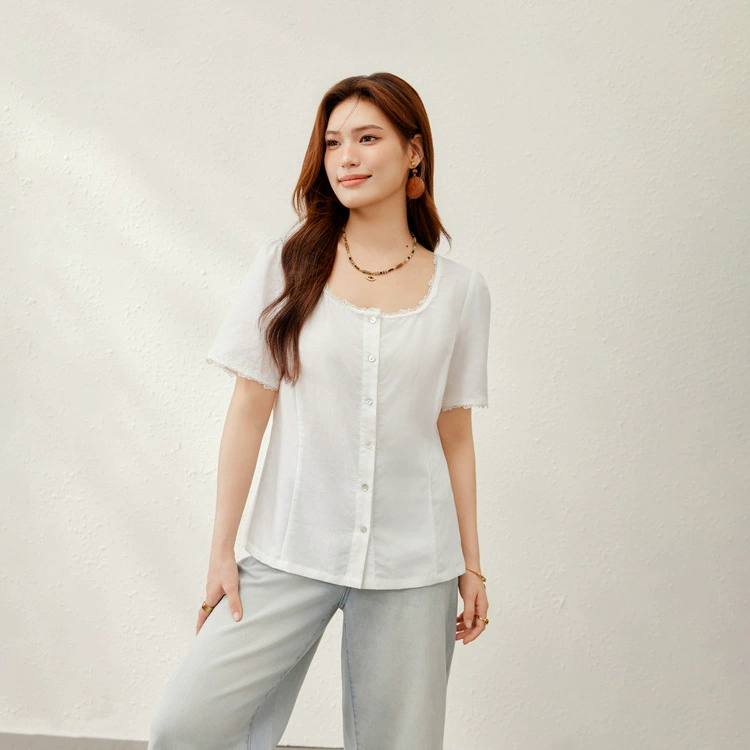 [Льняная смесовая кружевная рубашка с квадратным вырезом из лиоцелла] Slim Show Женская одежда больших размеров Fat mm2025 Лето Новый стиль