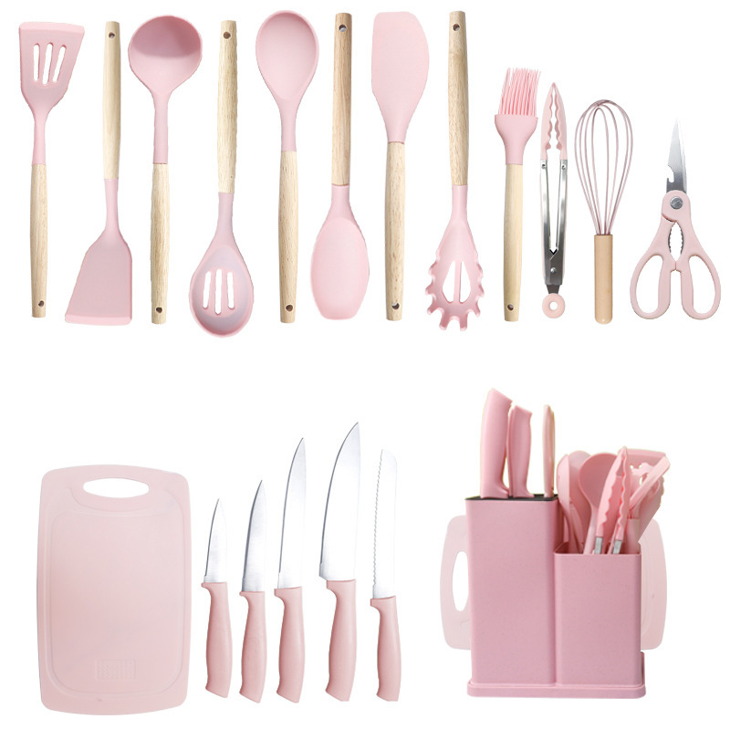 Pala de silicona, cuchara de sopa, juego de 19 piezas, sartén antiadherente, pala de silicona, cocina de silicona doméstica de grado alimenticio, juego de cuchillos al por mayor