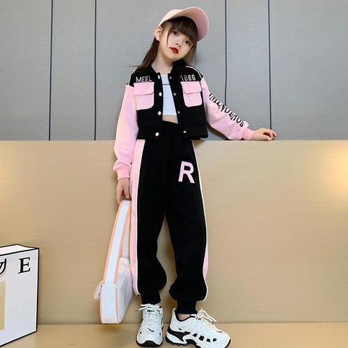 Girls' Spring and Autumn Set Fashion Long Sleeve Sports Jacket for Tweens Korean Version Two-Piece Workwear Set