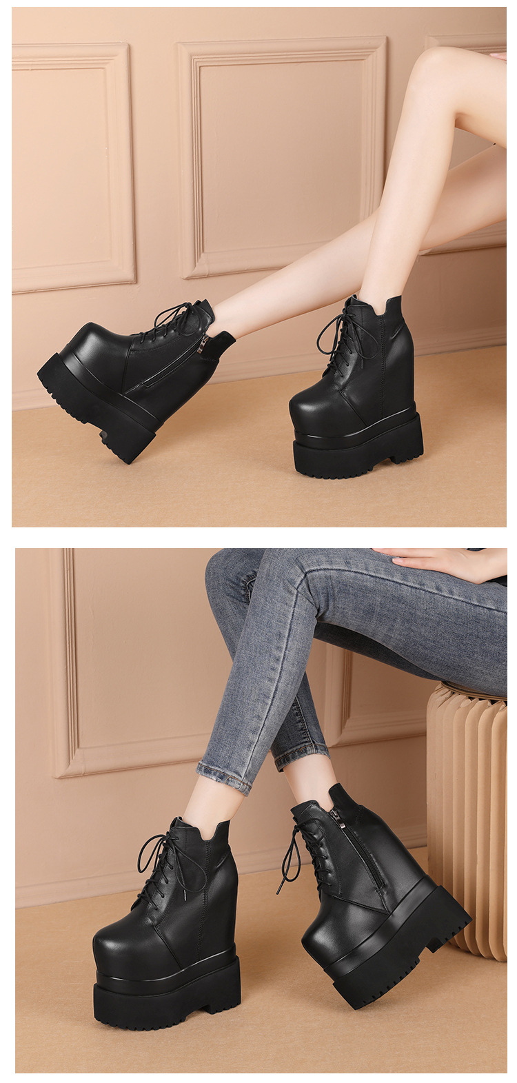 Boot nữ dây buộc đế dày chống thấm, gót trong 18 cm tăng chiều cao — Màu đen lót nhung chi tiết 6