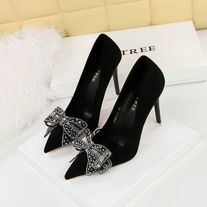 9511-H39 Korean Edition Banquet High Heels Slim Heels, Ultra High Heels, Suede, Shallow Mouth Pointed Diamond Bow Tie Wo