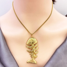 欧美跨境热销不锈钢饰品鱼骨吊坠18K金电镀不锈钢女士项链批发